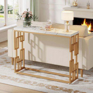 42-inch Modern Console Sofa Table with White Faux Marble Top and Gold Frame Q280-MCTFWM9597143