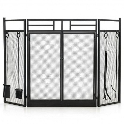 3-Panel Folding Wrought Iron Fireplace Screen with Doors and 4 Pieces Tools Set-Black - Color: Black D681-JV10064BK