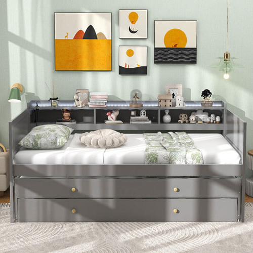 Twin XL Captain Bed with 2 Twin Trundle Beds and 3 Storage Cubbies-Gray B593-HU10657+