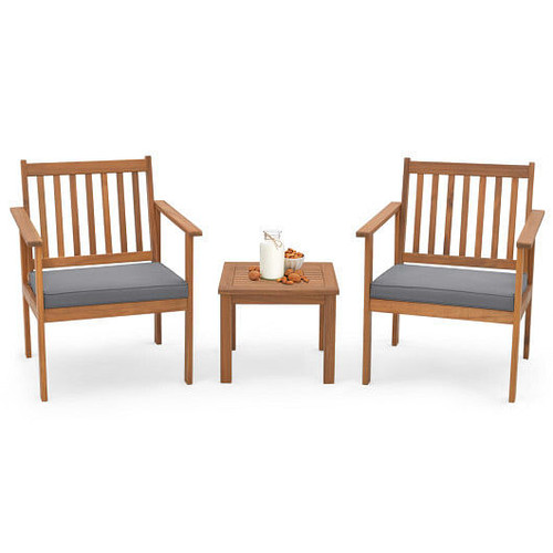 3 Pieces Patio Wood Furniture Set with soft Cushions for Porch-Gray - Color: Gray D681-HW72094GR
