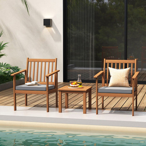 3 Pieces Patio Wood Furniture Set with soft Cushions for Porch-Gray - Color: Gray D681-HW72094GR
