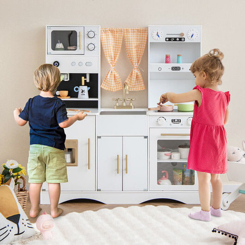 Kids Kitchen Playset with Microwave and Coffee Maker for Ages 3+-White - Color: White D681-TM10098WH