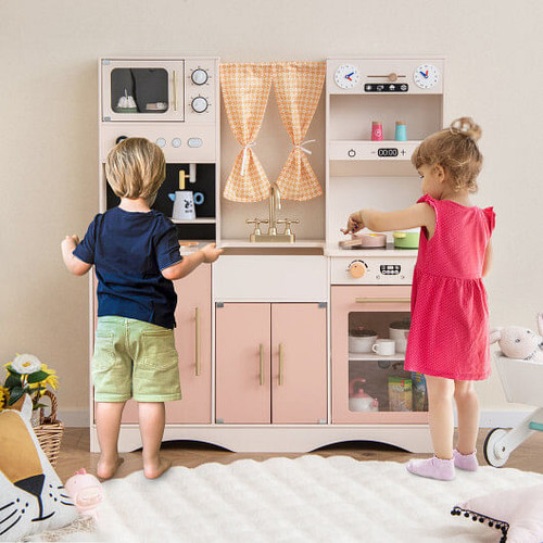 Kids Kitchen Playset with Microwave and Coffee Maker for Ages 3+-Pink - Color: Pink D681-TM10098PI
