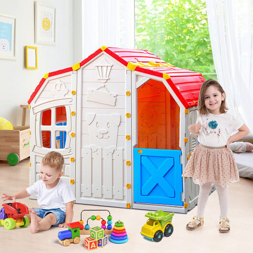 Cottage Kids Playhouse with Openable Windows and Working Door - Color: Multicolor D681-TY345988