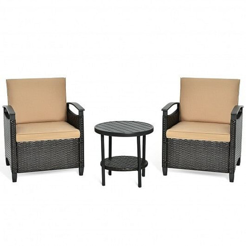 3 Pieces Patio Rattan Furniture Set Cushioned Sofa Storage Table with Shelf Garden B593-HW64401