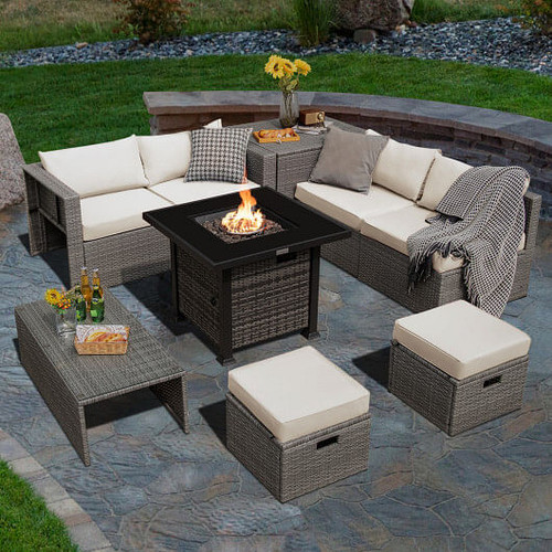 9 Pieces Outdoor Patio Furniture Set with 32-Inch Propane Fire Pit Table-Off White - Color: Off Whi D681-NP10618GR+HW68604WH+
