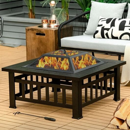 32 Inch 3 in 1 Outdoor Square Fire Pit Table with BBQ Grill and Rain Cover for Camping - Color: Bla D681-JV10256