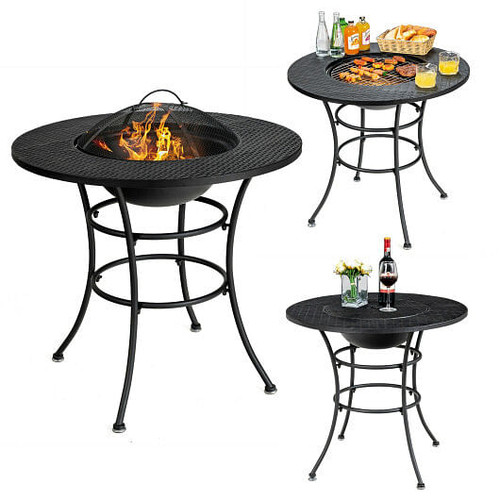 31.5 Inch Patio Fire Pit Dining Table With Cooking BBQ Grate - Color: Black D681-NP10257