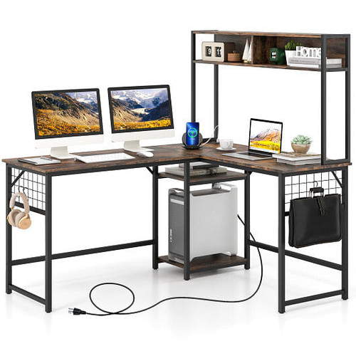 L-shaped Desk with Power Outlet Hutch-Rustic Brown B593-CB10537US