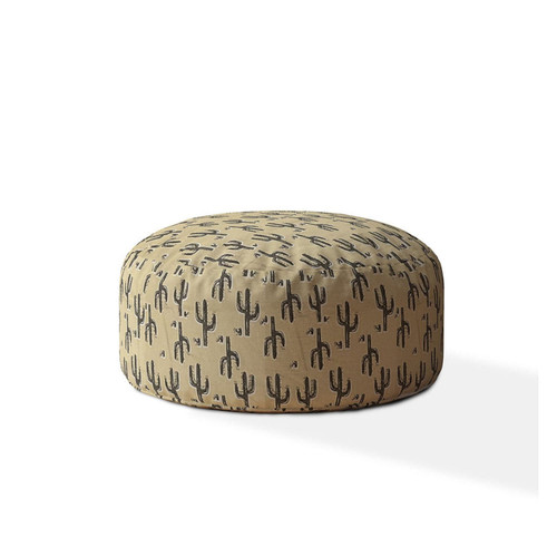 24" Beige Cotton Round Floral Pouf Ottoman N270-518354