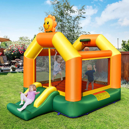 Kids Inflatable Bounce House with Slide and Basketball Rim with 735W Blower - Color: Yellow D681-NP10398+EP24683