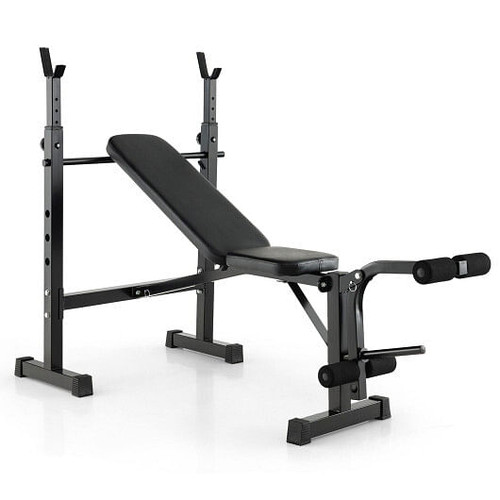 Adjustable Weight Bench and Barbell Rack Set with Weight Plate Post - Color: Black D681-FH10018