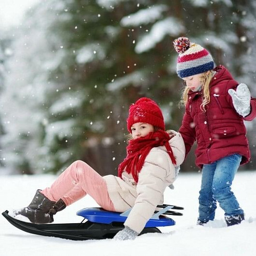 Folding Kids' Metal Snow Sled with Pull Rope Snow Slider and Leather Seat - Color: Blue D681-OP70504
