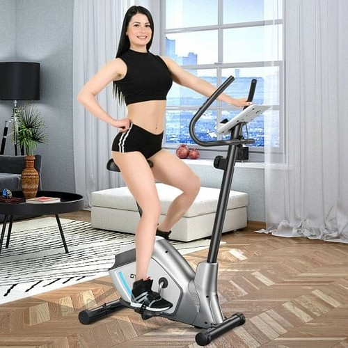 Magnetic Stationary Upright Exercise Bike with LCD Monitor and Pulse Sensor - Color: Silver D681-SP37363