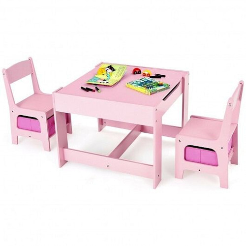 Kids Table Chairs Set With Storage Boxes Blackboard Whiteboard Drawing-Pink - Color: Pink D681-BB5584PI