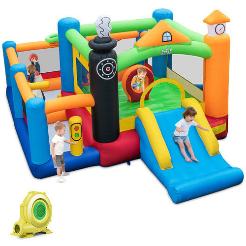 Train Themed Kids Bouncer with Slide and Basketball Hoop with 950W Air Blower B593-NP10816US