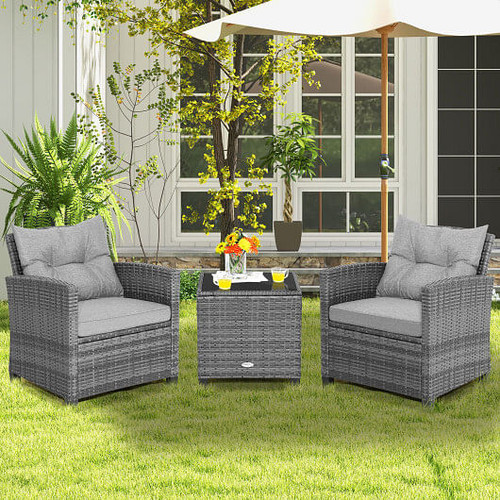 3 Pieces Outdoor Wicker Conversation Set with Tempered Glass Tabletop-Gray - Color: Gray D681-HW70267GR