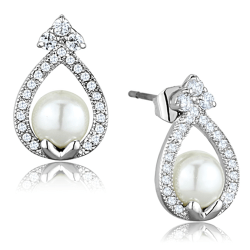 3W665 - Rhodium Brass Earrings with Synthetic Pearl in White A874-3W665