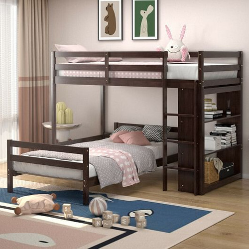 Twin Over Twin Loft Bunk Bed with Bookcase-Dark Brown B593-HU10042+ Twin Over Twin Loft Bunk Bed with Bookcase-Dark Brown B593-HU10042+