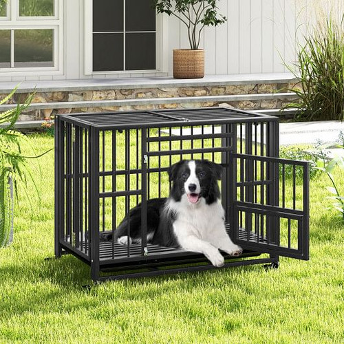 Foldable Heavy-Duty Metal Dog Cage Chew-proof Dog Crate with Lockable Universal Wheels - Color: Bla D681-PU10037