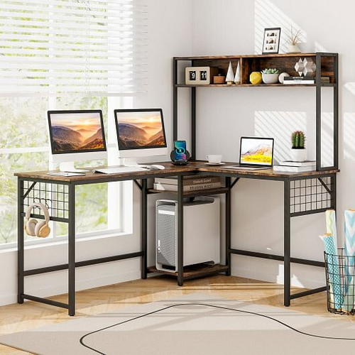 L-shaped Desk with Power Outlet Hutch-Rustic Brown B593-CB10537US L-shaped Desk with Power Outlet Hutch-Rustic Brown B593-CB10537US