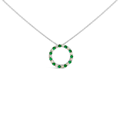 .925 Sterling Silver Alternating Created Green Emerald and Opal Circle Pendant Necklace N162-023875PV21