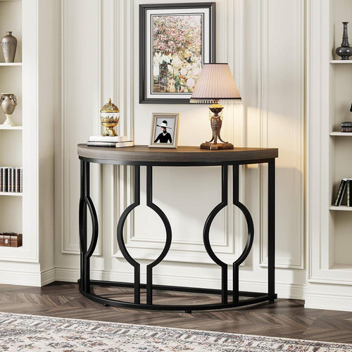 Modern 43-inch Half Moon Accent Sofa Table with Grey Wood Top Black Frame Q280-GRBLKFTCA99736258
