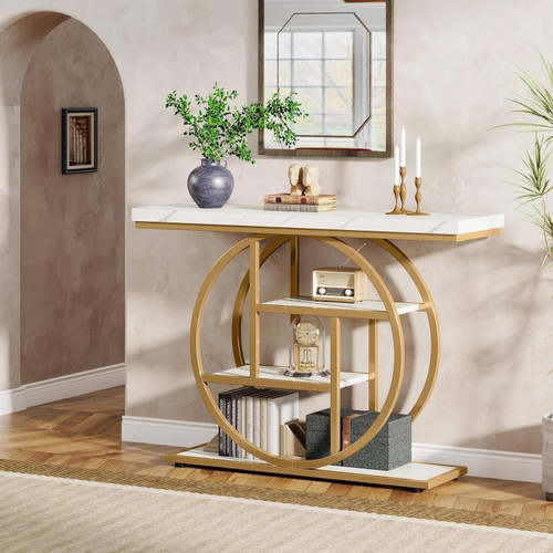 Modern Round Gold Metal Frame Foyer Console Table with White Faux Marble Shelves Q280-WHTGLDCT13976431