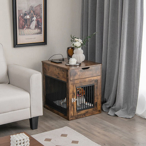 2-In-1 Dog House with Drawer and Wired Wireless Charging-Rustic Brown - Color: Rustic Brown D681-PU10011CF