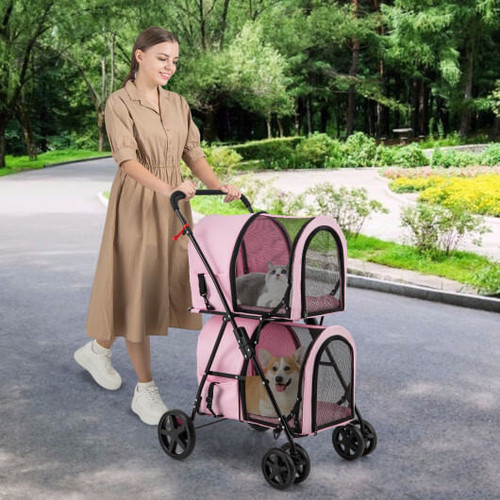 4-in-1 Double Pet Stroller with Detachable Carrier and Travel Carriage-Pink - Color: Pink D681-PW10040PI