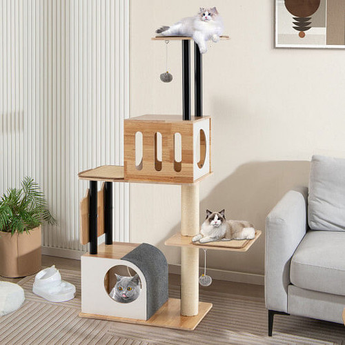 Modern Tall Cat Tower with Double Condos with Dangling Balls and Sisal Carpets-Natural - Color: Nat D681-PV10281NA