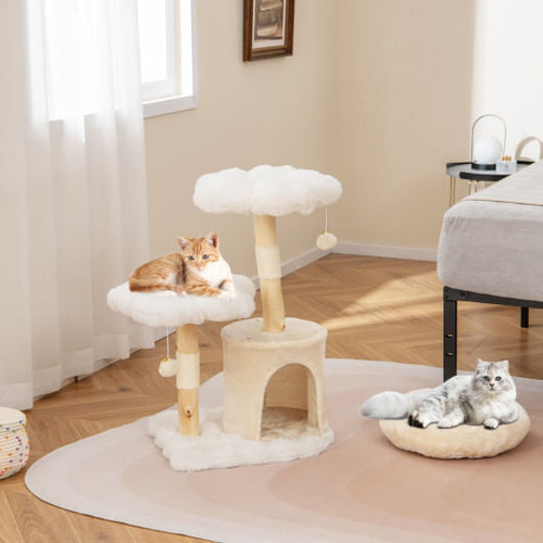 Cute Solid Wood Cat Tree Natural Branch Modern Flower Cat Tower with Sisal Scratching Posts-Beige - D681-PV10270BE