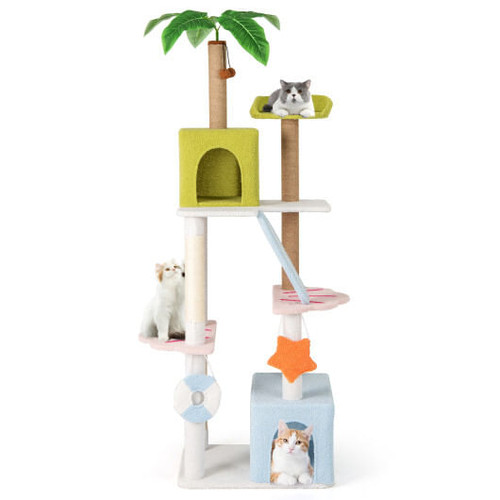 71 Inch Cat Tree Multi-Level Aesthetic Beach-Themed Kitten Tower-Colorful - Color: Multicolor D681-PV10288CL