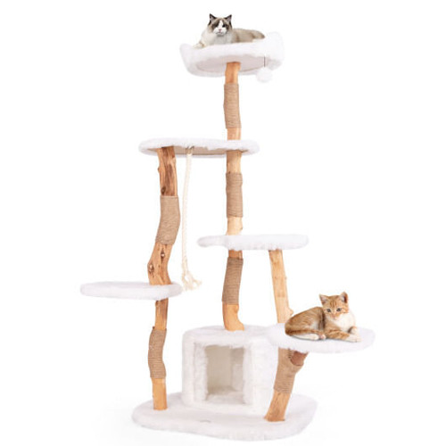 66 Inch Tall Solid Wood Cat Tree Modern Wooden Cat Tower with Perch-White B593-PV10216