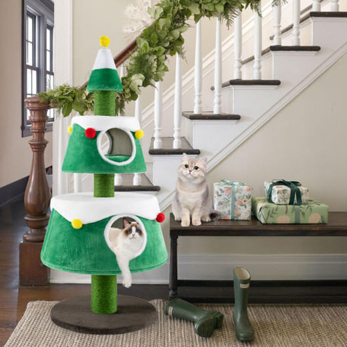 Christmas Cat Tree for Indoor Cats Cute Holiday Cat Tower with 2 Condos-Green B593-PV10229