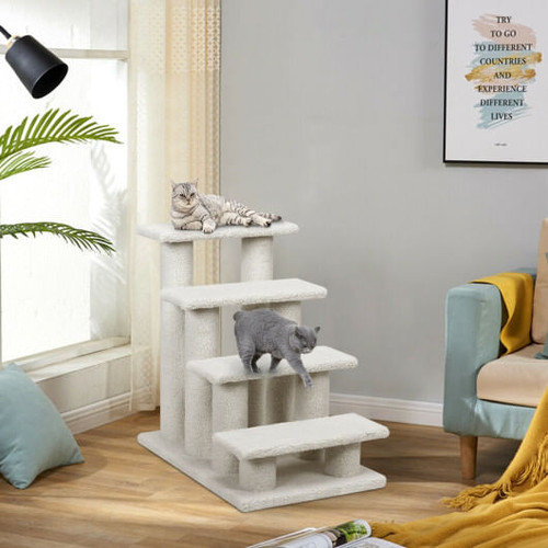 4-Step Pet Stairs Carpeted Ladder Ramp Scratching Post Cat Tree Climber-Beige B593-PS7174color