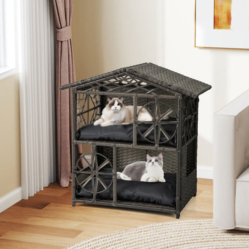2-storey Wicker Cat House Rattan Kitten Condo Enclosure with Removable Cushions-Gray B593-PV10298