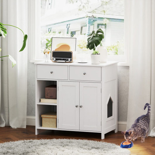 Hidden Cat Washroom Side Cabinet Wooden Pet House with 2 Drawers-White B593-PV10193