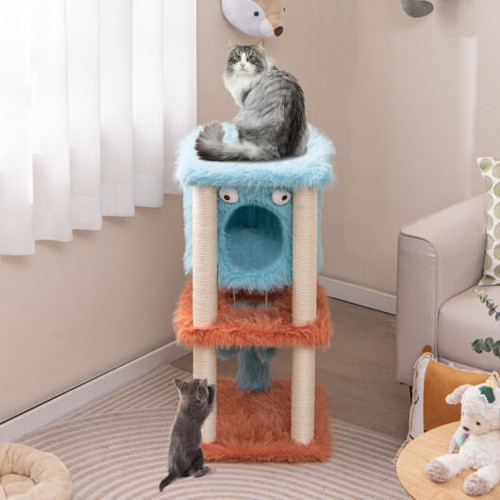 Cute Monster-Themed Cat Tower with Private Condo and Soft Long Plush-Blue B593-PV10188