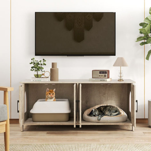 Cat Litter Box Enclosure for 2 Cats Modern Kitty Litter Box Furniture Hidden-Oak B593-PV10245