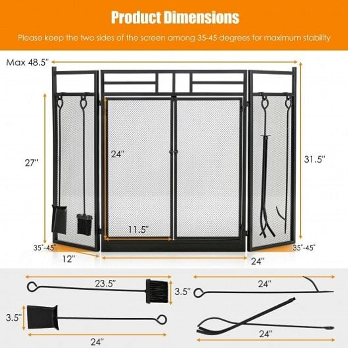 3-Panel Folding Wrought Iron Fireplace Screen with Doors and 4 Pieces Tools Set-Black - Color: Black D681-JV10064BK