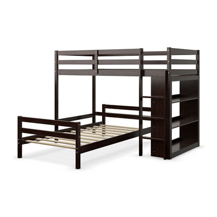Twin Over Twin Loft Bunk Bed with Bookcase-Dark Brown B593-HU10042+
