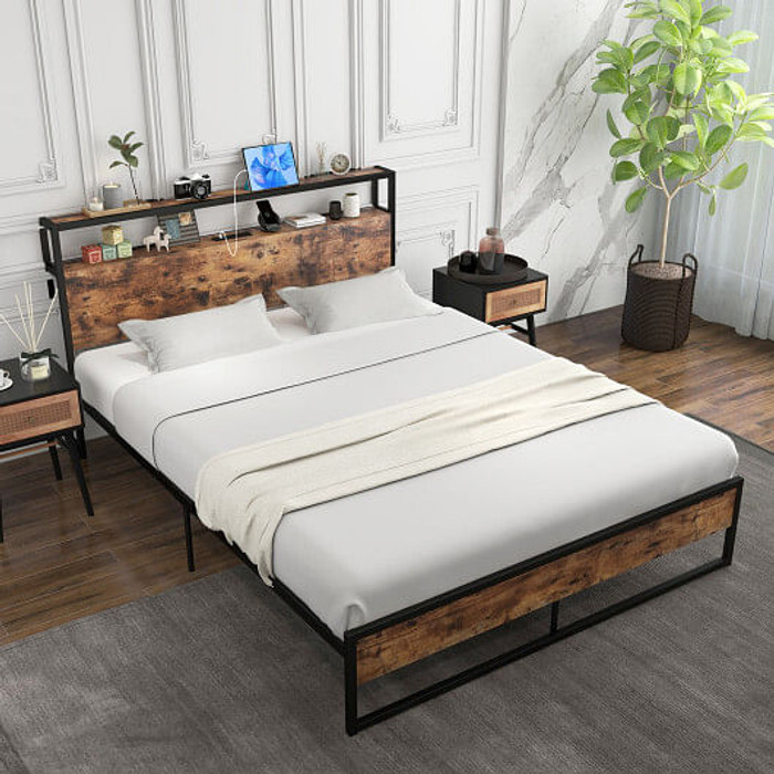 Full/Queen Bed Frame with 2-Tier Storage Headboard and Charging Station-Queen Size B593-HU10474