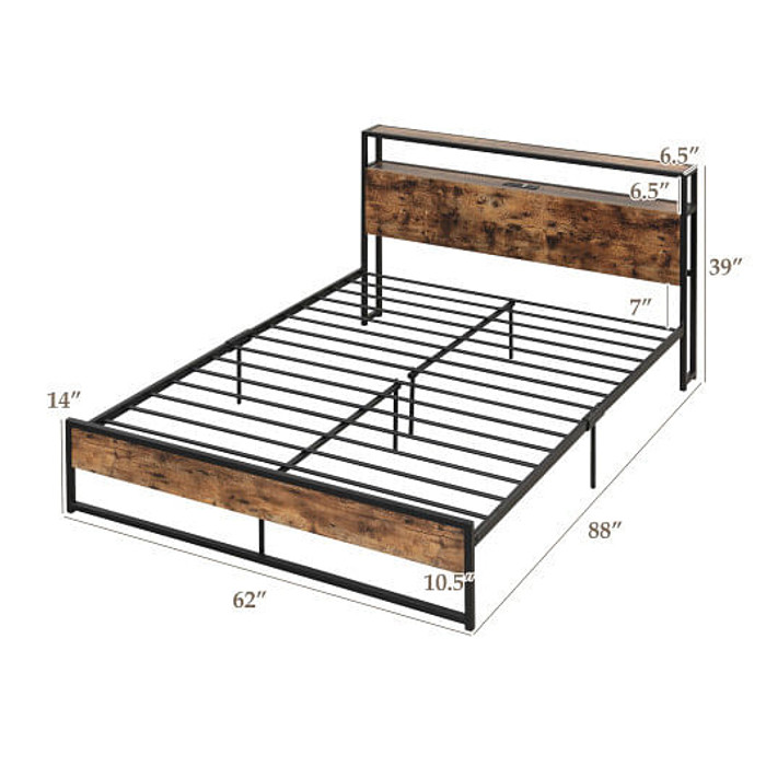 Full/Queen Bed Frame with 2-Tier Storage Headboard and Charging Station-Queen Size B593-HU10474