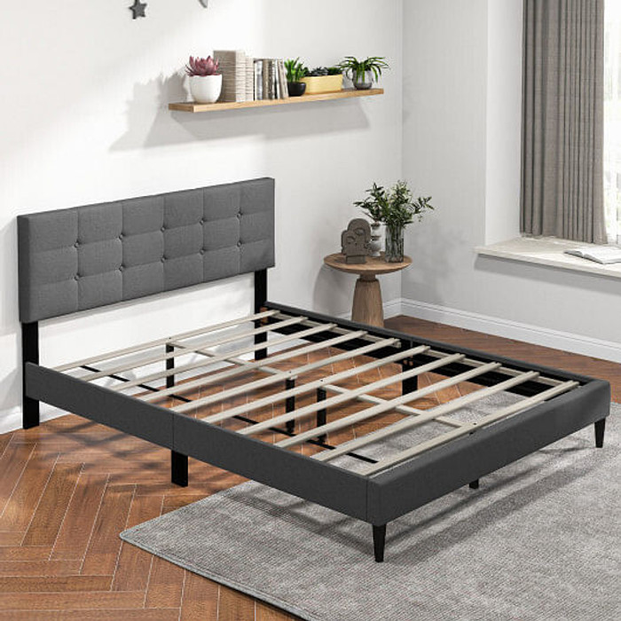 Queen Size Upholstered Platform Bed with Button Tufted Headboard-Gray B593-HU10569-Q