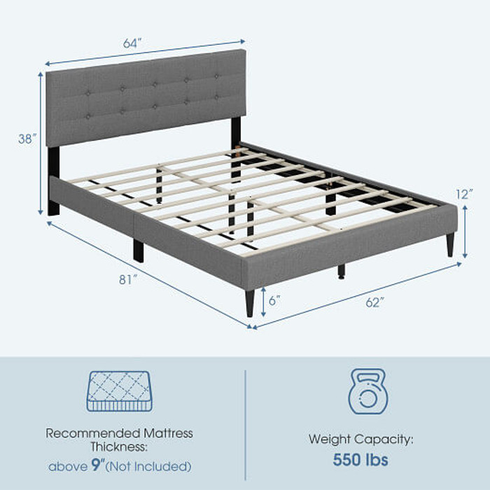 Queen Size Upholstered Platform Bed with Button Tufted Headboard-Gray B593-HU10569-Q