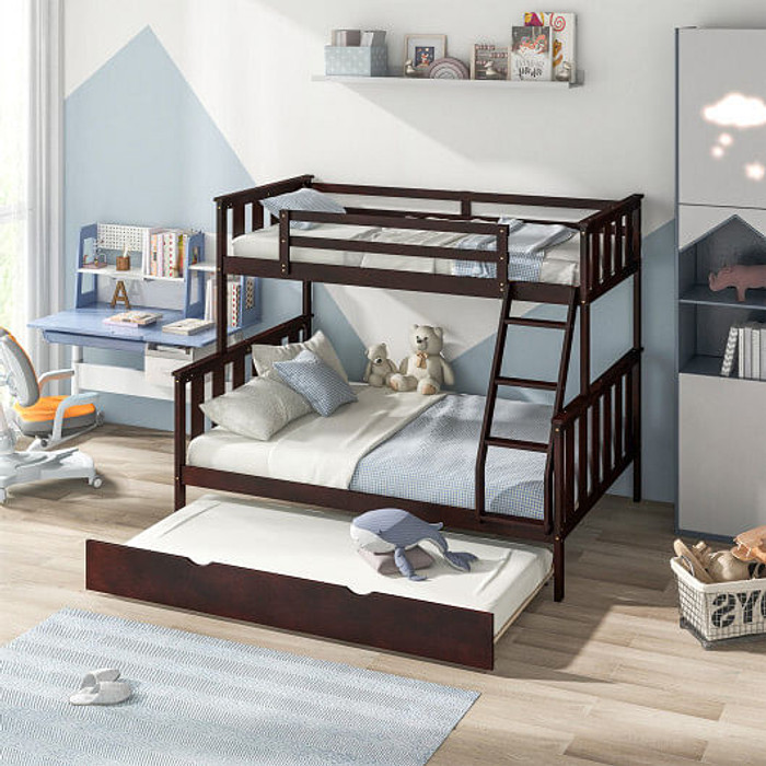 3-in-1 Twin Over Full Bunk Bed with Trundle and Ladder-Espresso B593-HU10655+