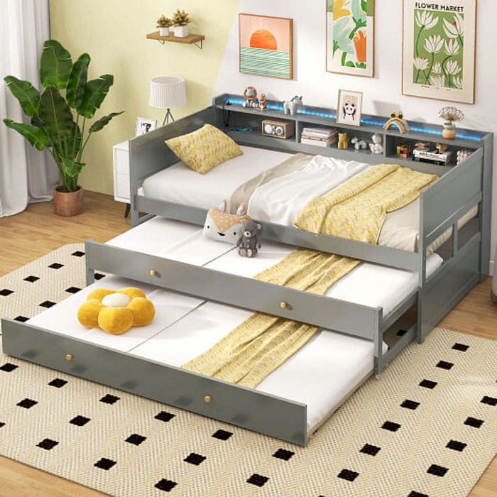 Twin XL Captain Bed with 2 Twin Trundle Beds and 3 Storage Cubbies-Gray B593-HU10657+