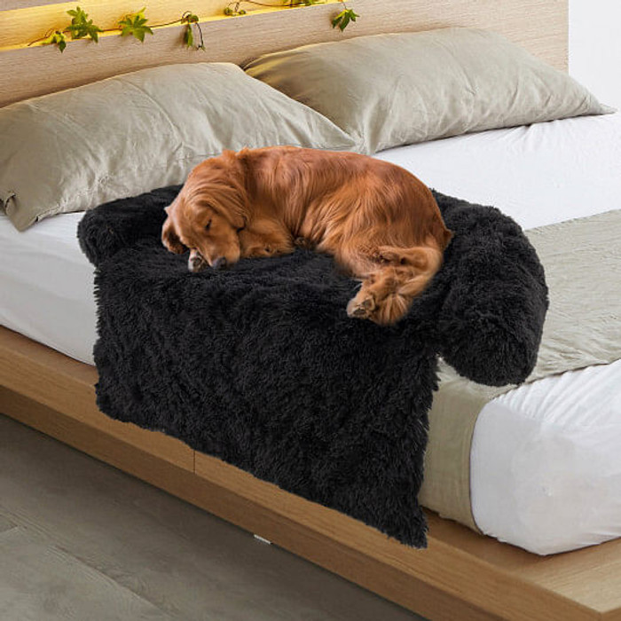 Plush Calming Dog Couch Bed with Anti-Slip Bottom-L - Color: Black - Size: L D681-PU10025DK-L