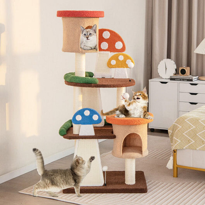 4-In-1 Cat Tree with 2 Condos and Platforms for Indoors-Multicolor - Color: Multicolor D681-PV10125CL